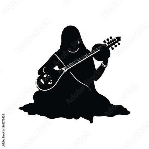 Silhouette of a Woman Playing the Indian String Instrument Sitar