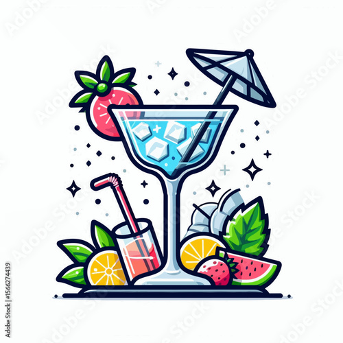 Stylized graphic illustration of a refreshing cocktail surrounded by fruits and garnishes.  The design is modern and visually appealing.