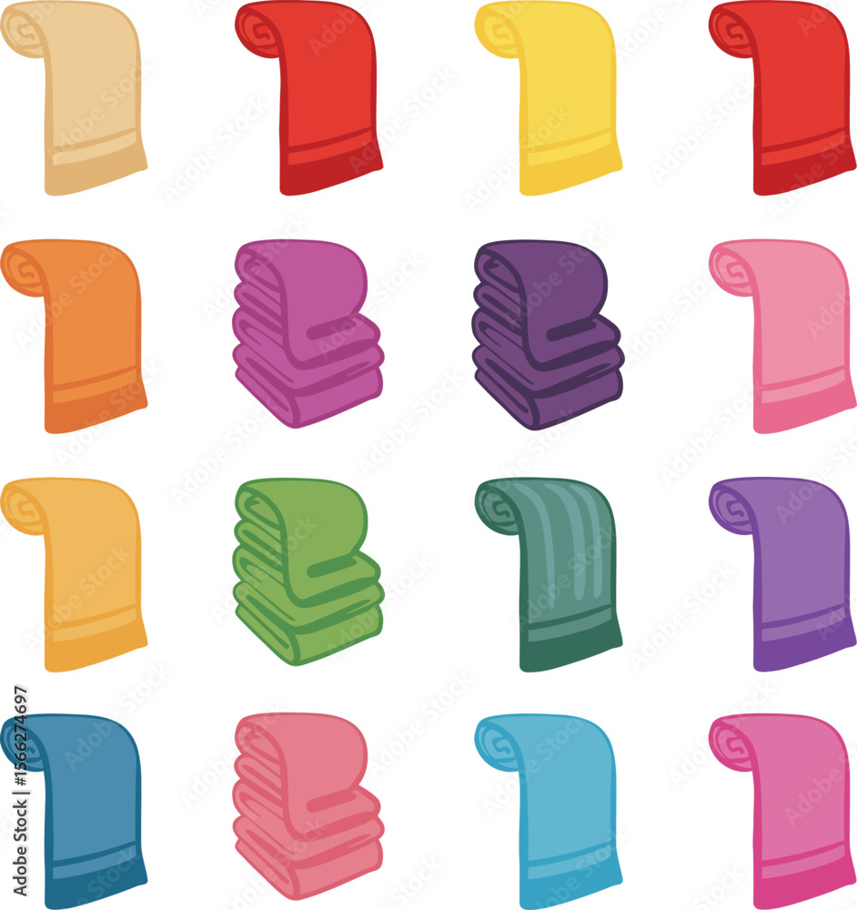 Colorful Rolled and Stacked Towel Set with Various Shapes and Shades, Ideal for Bathroom, Spa, and Household Product Designs. Colorful Rolled and Stacked Towel Set with Various Shapes and Shades, Ideal for Bathroom, Spa, and Household Product Designs.