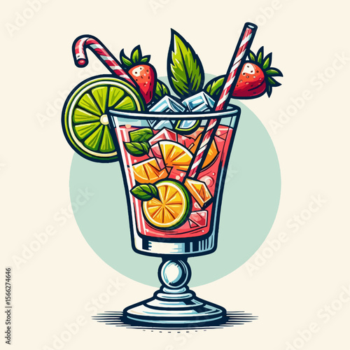 Stylized drawing of a refreshing fruit cocktail in a glass, adorned with ice, fruits, and candies. The image is designed with bold colors and outlines, giving it a visually appealing effect.