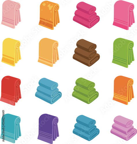 Colorful Rolled and Stacked Towel Set with Various Shapes and Shades, Ideal for Bathroom, Spa, and Household Product Designs.
