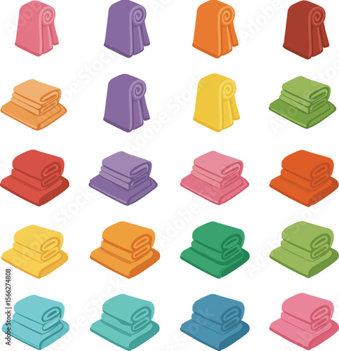 Colorful Rolled and Stacked Towel Set with Various Shapes and Shades, Ideal for Bathroom, Spa, and Household Product Designs.