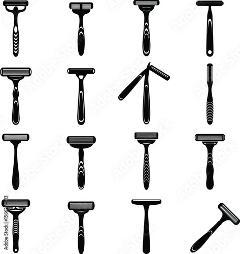 Facial Razors and Shaving Accessories Set: A collection of various facial razors in different colors and silhouettes, including a shaving brush, ideal for grooming and personal care designs.