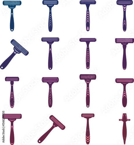 Facial Razors and Shaving Accessories Set: A collection of various facial razors in different colors and silhouettes, including a shaving brush, ideal for grooming and personal care designs.