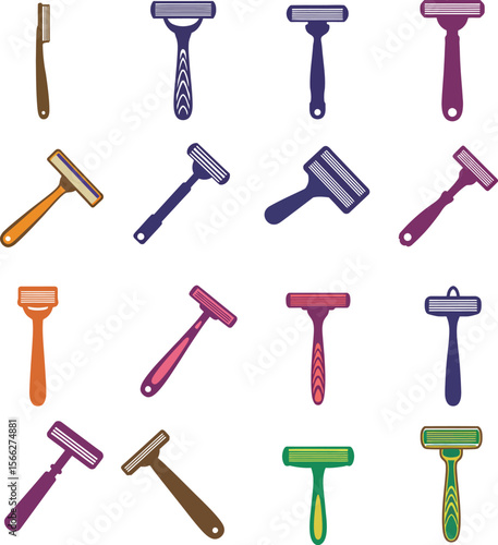 Facial Razors and Shaving Accessories Set: A collection of various facial razors in different colors and silhouettes, including a shaving brush, ideal for grooming and personal care designs.