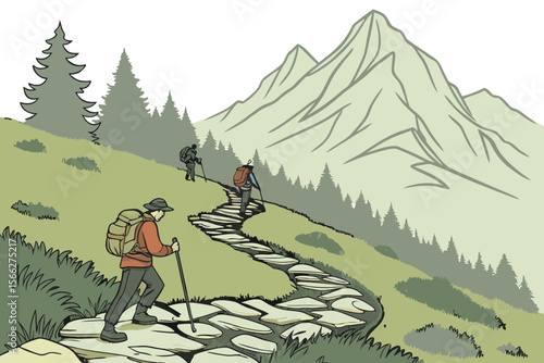 Three hikers ascend a winding stone path through a green mountain landscape