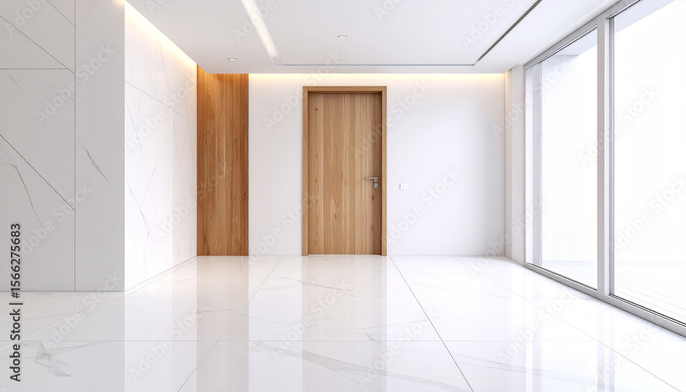 A wooden door slightly ajar in a minimalist white room with large windows, two green potted plants on either side, bright natural light, and modern interior design. A wooden door slightly ajar in a minimalist white room with large windows, two green potted plants on either side, bright natural light, and modern interior design.