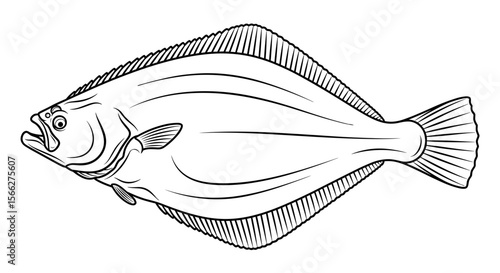 Halibut fish illustration with detailed lines and unique shape in black and white