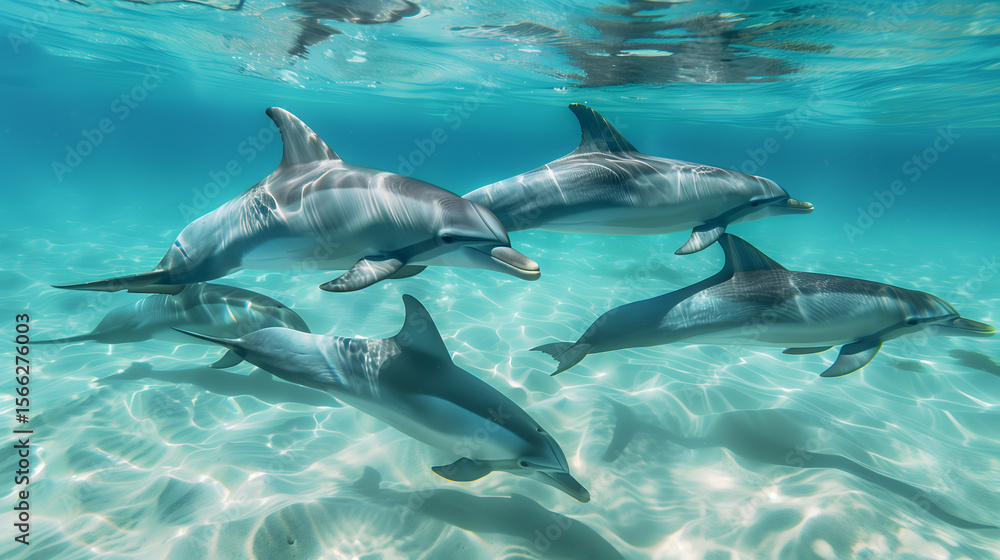 Obraz premium Four dolphins swimming in clear shallow ocean water Sunlight illuminates the sandy seabed