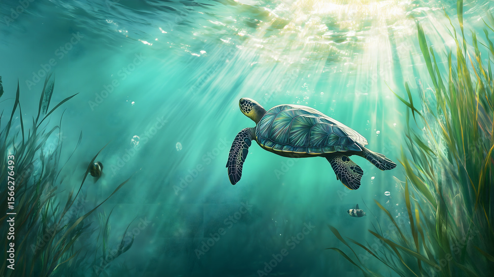 Obraz premium Sea turtle swimming in sunlit ocean water among aquatic plants underthesea