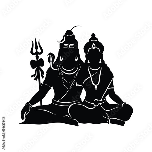 Black and White Silhouette of Shiva and Parvati in Meditation Hindu Gods