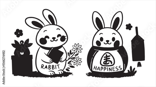 A hand-drawn New Year icon collection for the Year of the Rabbit in Japan. The kanji on the stamp translates to rabbit, while the writing on Dharma's body signifies happiness.


