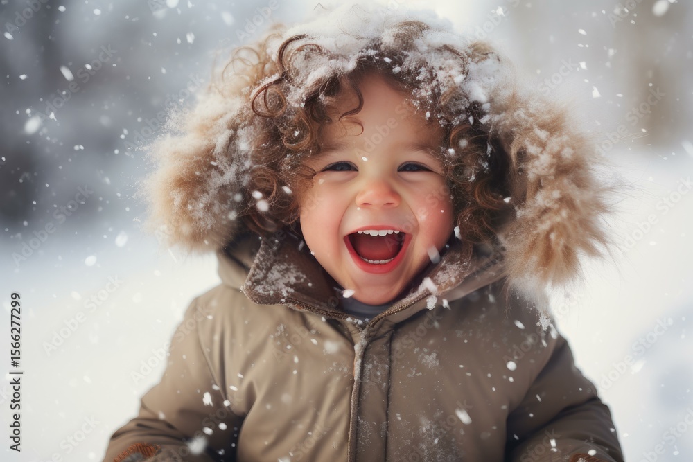 Happy toddler laughing and playing under a heavy snowfall, wearing a warm winter coat Happy toddler laughing and playing under a heavy snowfall, wearing a warm winter coat