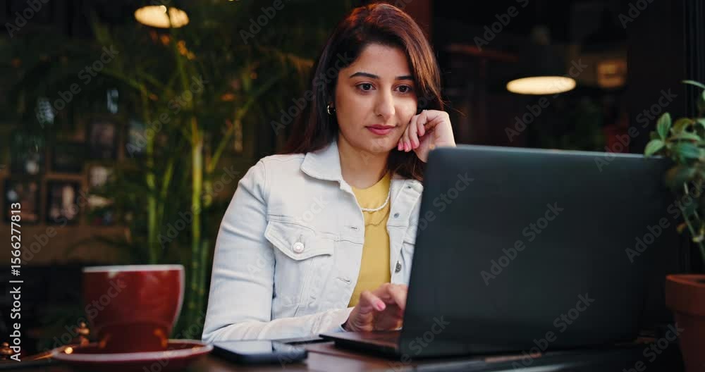 Laptop, reading and remote work with woman in coffee shop for research or small business startup. Computer, information and planning with freelance Indian employee in cafe or restaurant for service Laptop, reading and remote work with woman in coffee shop for research or small business startup. Computer, information and planning with freelance Indian employee in cafe or restaurant for service