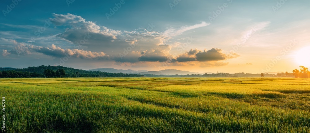 Fototapeta premium Golden rice field at sunset wide landscape photography