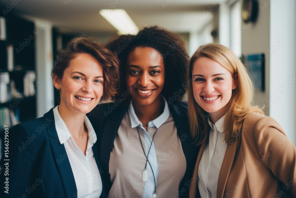 Obraz premium Three happy multi ethnic businesswomen smiling together in a modern office