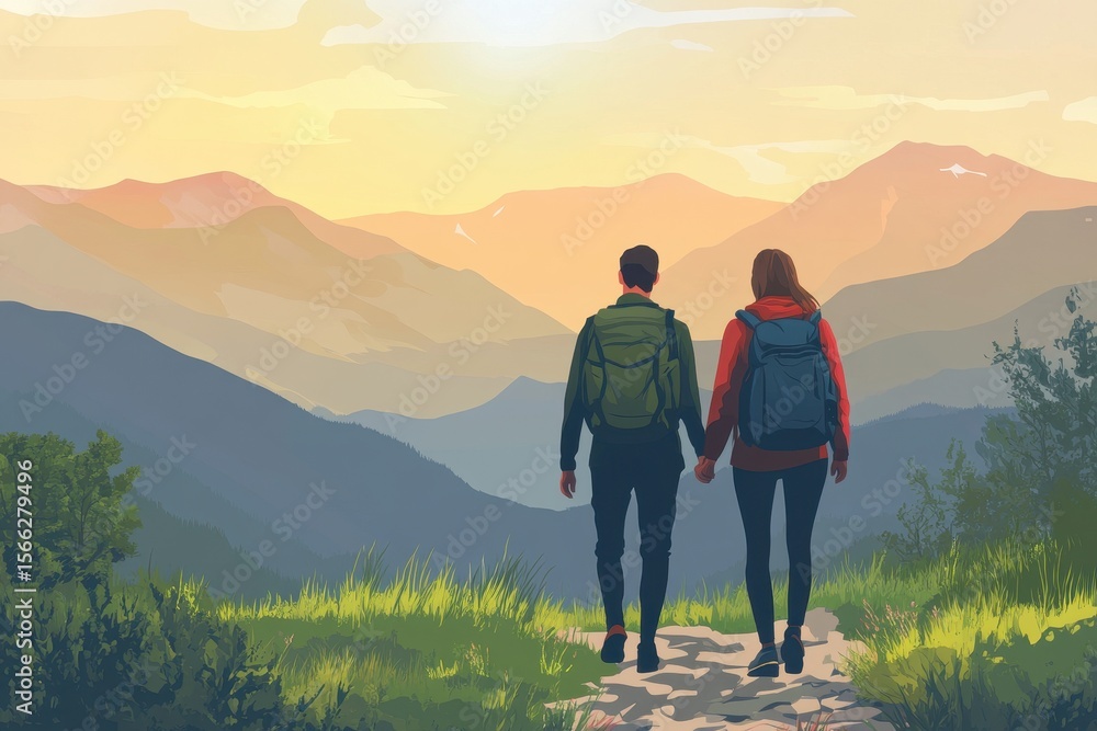 Obraz premium Exploring couple enjoys nature walk on mountain trail during sunset in serene landscape, Exploring couple enjoy travel walk on nature mountains Family spend vacation