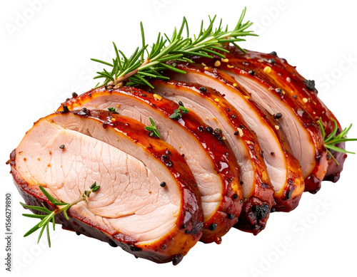  Juicy Whiskey-Glazed Pork Tenderloin Slices with Herbs, isolated on transparent background.