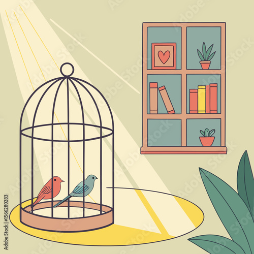 A bird inside a cage next to a bookshelf with books and a plant in a room with a light yellow wall