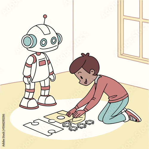 A boy assembles a puzzle on the floor while a robot stands nearby in a room with a cabinet and window