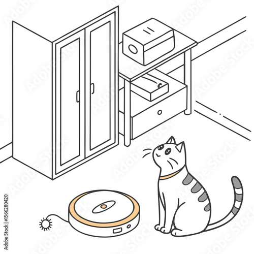 A cat sitting near a robot vacuum cleaner on a wooden floor in front of a paneled door and corner space