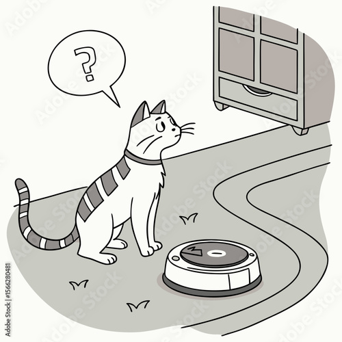 A cat reaching up towards the window while a robot vacuum cleans the floor in a cozy living room scene