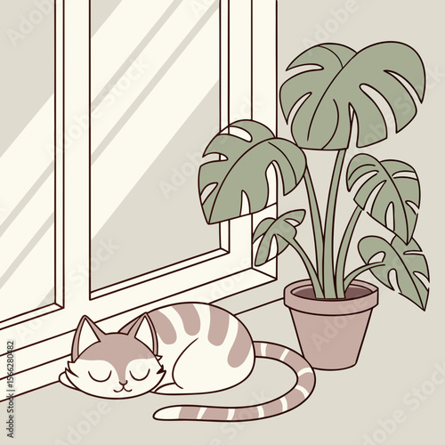 A sleeping cat curled up on a windowsill next to a potted plant with large green leaves indoors scene view