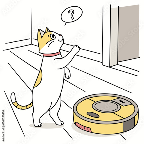 Cat curiously looking at a robot vacuum cleaner in a room with a chair and a picture on the wall