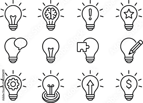 Light Bulb Icons Set Outline Style Vector Illustration Idea Generation Creative Thinking and Innovation Process