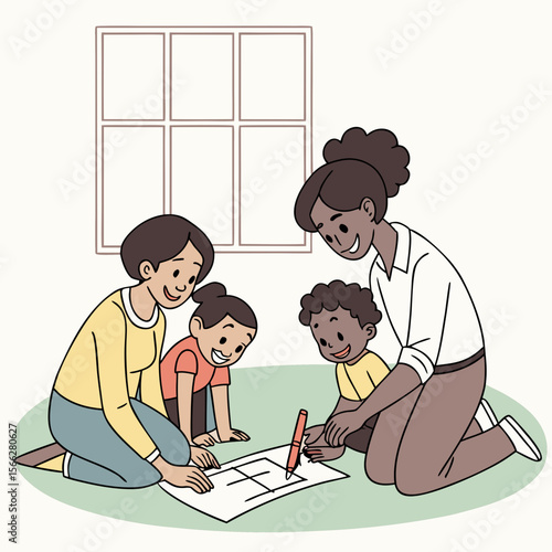 A family drawing together on the floor with crayons and markers in a cozy room with a toy car decor