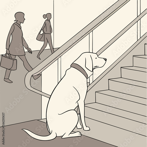 A dog sitting near stairs with people walking up and down in a building with multiple levels seen