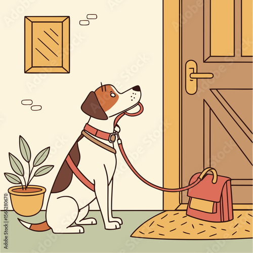 A dog with a backpack sitting by a door with a leash attached to the handle waiting patiently inside