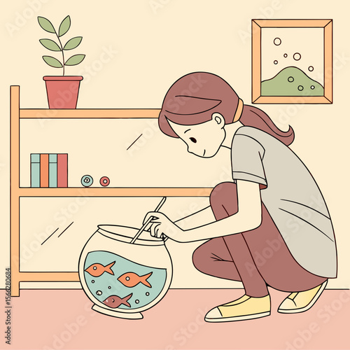 A girl looking at a fishbowl with fish inside, with other fish around, on a shelf in a simple style