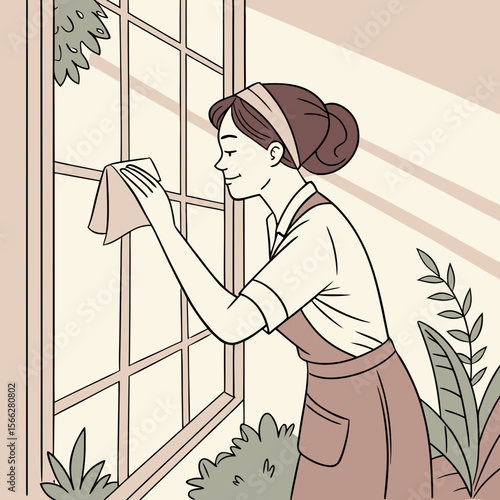 Woman in apron cleaning window with cloth near bookshelf and framed picture on the wall indoors at daytime