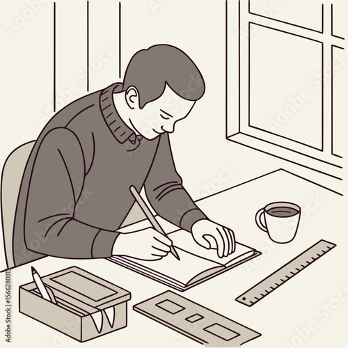 A person drawing on a large book while sitting in a chair under a lamp with books on a shelf nearby