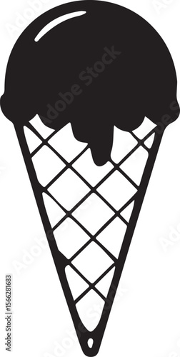 Bold Black Ice Cream Cone Silhouette: Simple, Summery, Sweet Treat Graphic Design Element
