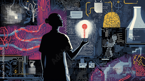 Silhouette of person holding glowing key stands amidst complex digital landscape, symbolizing intersection of technology and biology. scene is vibrant and thought provoking