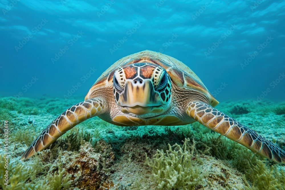 Obraz premium Close up of a pig nose water turtle swimming gracefully underwater in a clear blue ocean, Close up of pig nose water turtle underwater swimming along