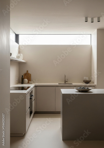 Minimalist modern kitchen with neutral tones, sleek cabinetry, natural light, and simple decor, creating a calm, sophisticated, and functional space