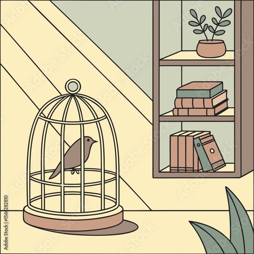 A bird inside a cage next to a bookshelf with books and a plant in a room with a light yellow wall