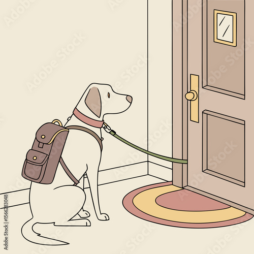 A dog with a backpack sitting by a door with a leash attached to the handle waiting patiently inside