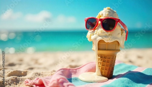 A melting ice cream cone drips down a sun-baked beach towel, sunglasses perched precariously on top Summer fun gone wrong, but hilariously so!, lighthearted, fun, yellow