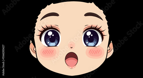 An adorable anime-style character's head with wide, surprised blue eyes and rosy cheeks expresses pure amazement on a dark background.