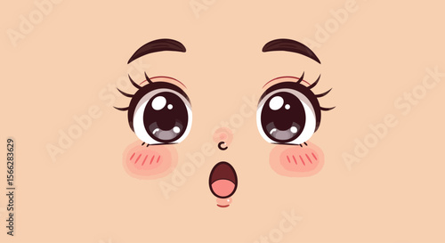 A cute cartoon face expresses wide-eyed surprise and awe with rosy cheeks and an open mouth on a simple, light background.