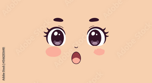 A charming cartoon face with wide, expressive eyes and an open mouth conveys a sense of surprise or amazement on a light beige background.