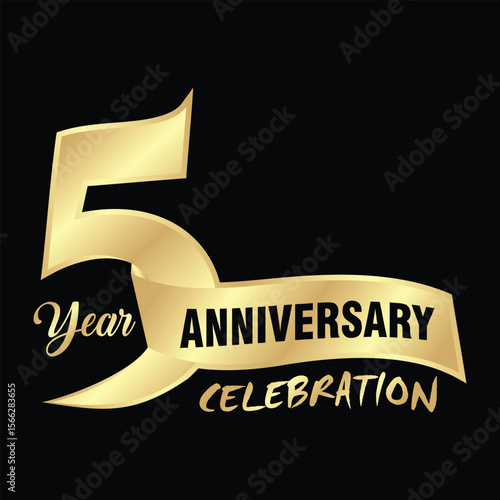 Golden 5 Year Anniversary Celebration with Stars and Red Ribbon