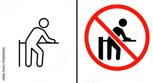 A clear visual comparison using simple line icons depicts the allowed and forbidden action of a person leaning on a desk or counter.