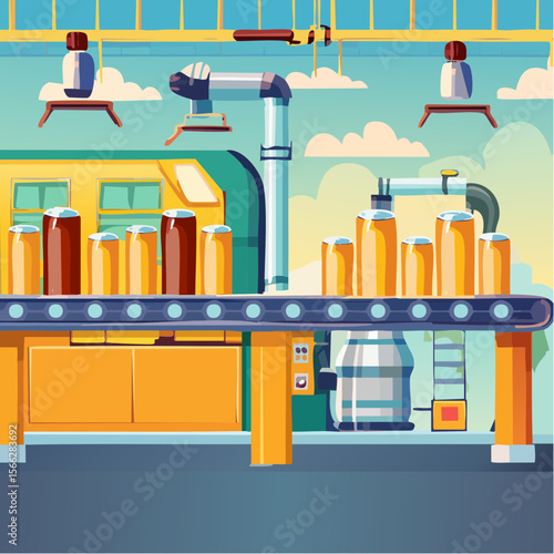 Automated beer production line with cans in factory setting