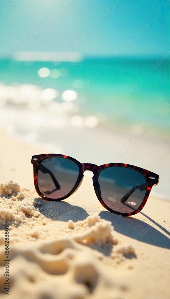 Stylish Sunglasses Reflecting Sunlight on a Sun-Drenched Beach Perfect Summer Vacation Accessory Stylish Sunglasses Reflecting Sunlight on a Sun-Drenched Beach Perfect Summer Vacation Accessory
