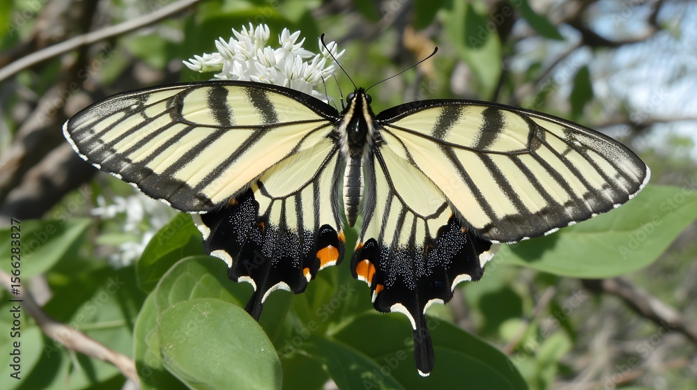 Naklejka premium Stunning Yellow and Black Butterfly on White Flower